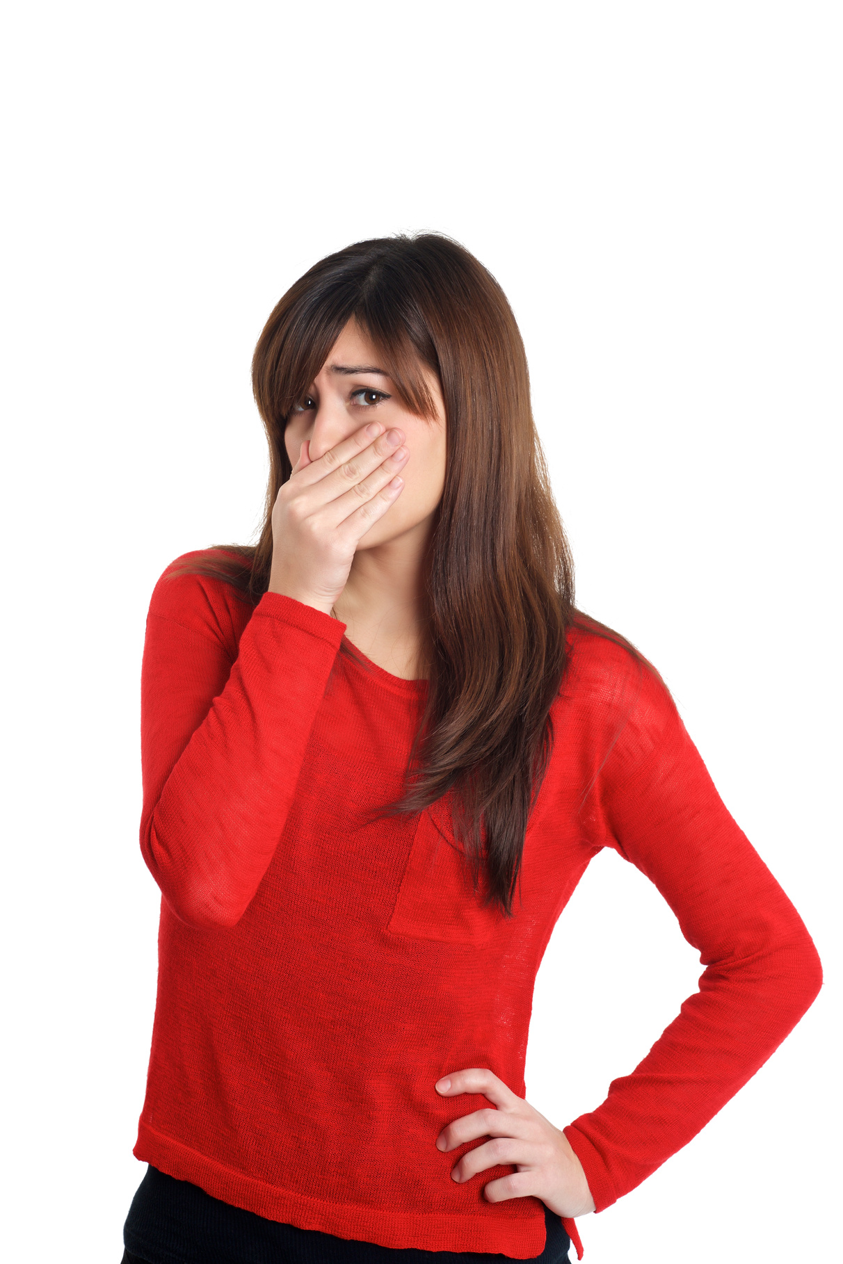 Girl in red with smelly gesture